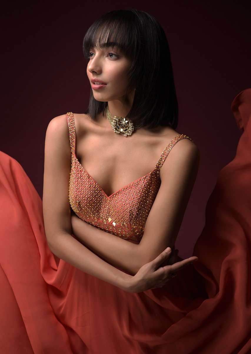Coral Anarkali Suit With Geometric Shaped Mirror Accented Bodice And Fun Layered Hemline