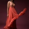 Coral Anarkali Suit With Geometric Shaped Mirror Accented Bodice And Fun Layered Hemline