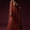 Coral Anarkali Suit With Geometric Shaped Mirror Accented Bodice And Fun Layered Hemline
