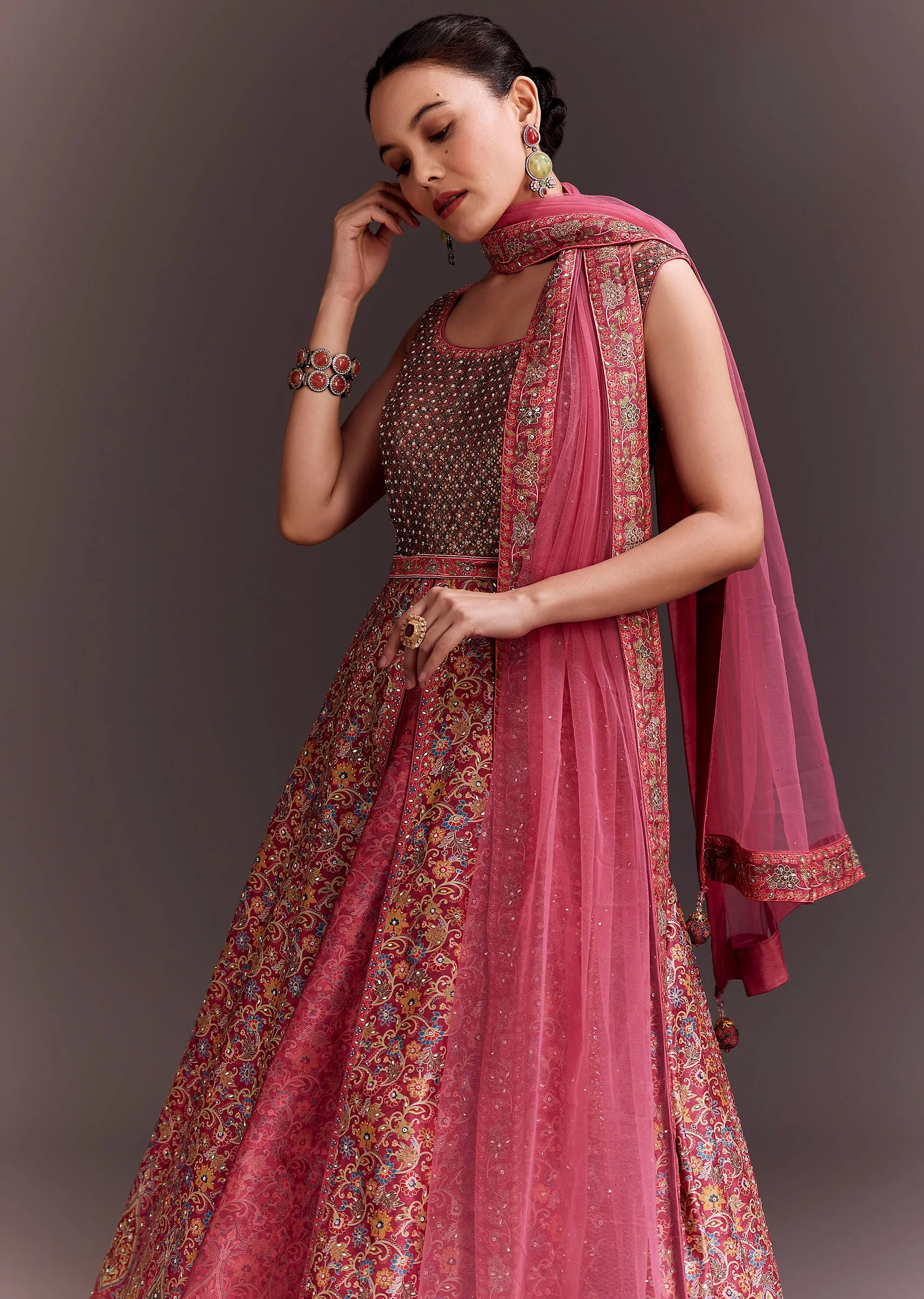 Punch Pink Embroidered Anarkali With Net Dupatta