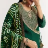 Dark Green Angrakha Kurta Set With Bandhani Dupatta
