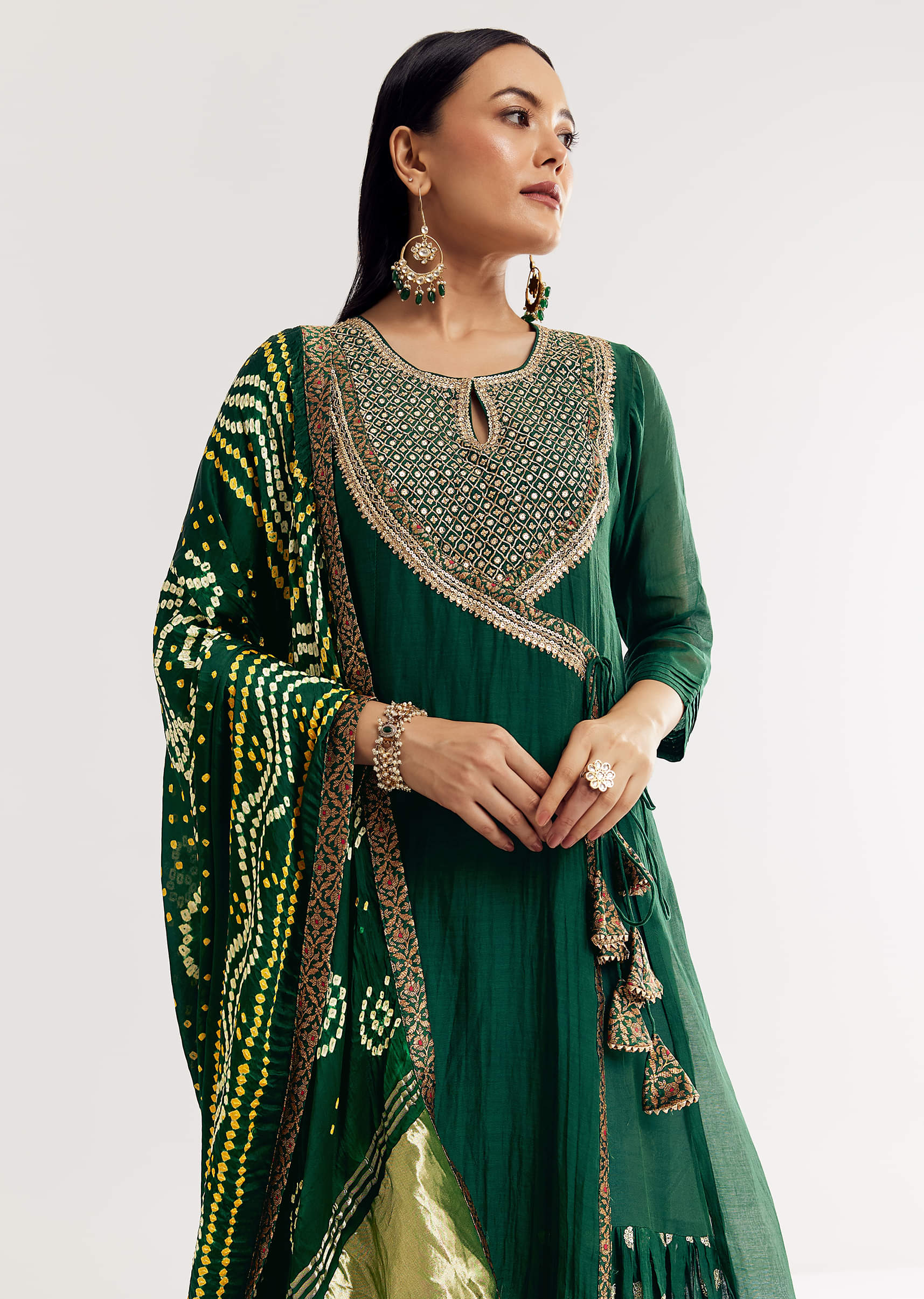 20786-us-2-us-2-variation-1.jpg Dark Green Angrakha Kurta Set With Bandhani Dupatta