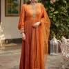 Rust Crepe Anarkali Suit With Pleated Sleeves And Net Dupatta