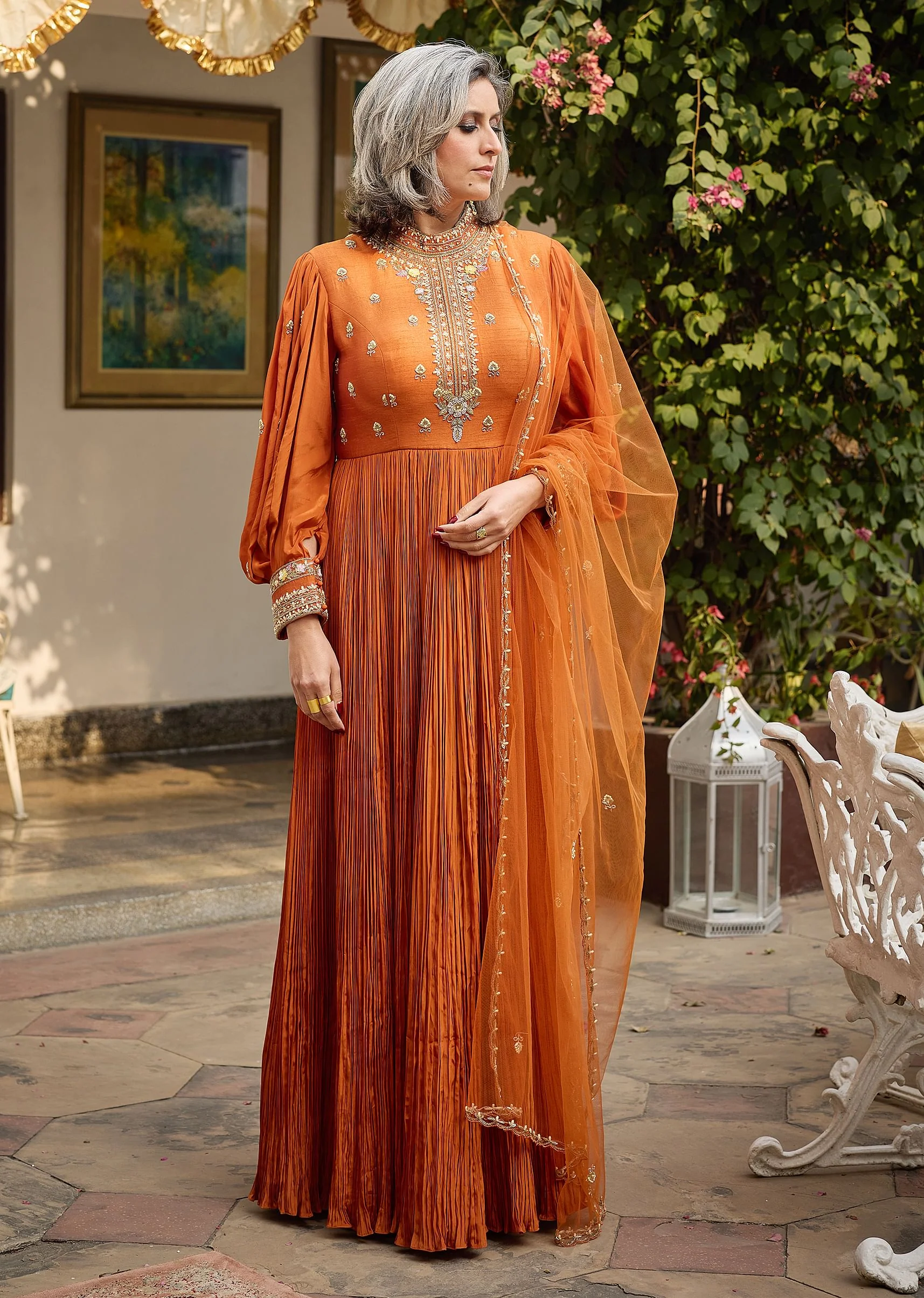 20804-rust-crepe-anarkali-suit-with-pleated-sleeves-and-net-dupatta-1.webp Rust Crepe Anarkali Suit With Pleated Sleeves And Net Dupatta