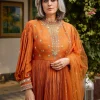 Rust Crepe Anarkali Suit With Pleated Sleeves And Net Dupatta