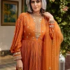 Rust Crepe Anarkali Suit With Pleated Sleeves And Net Dupatta