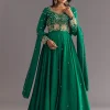 Green Russian Silk Front Slit Kurta Dupatta Set With Beaded Embroidery