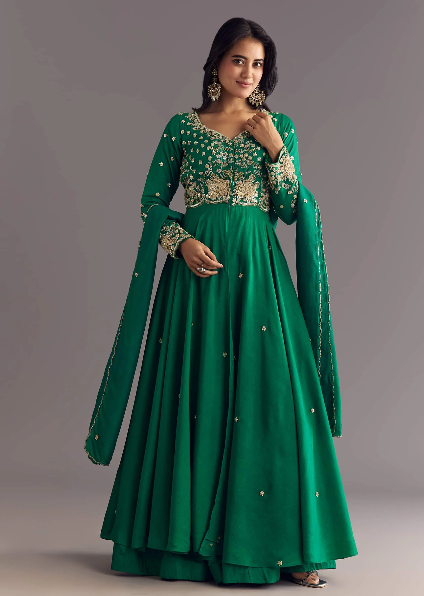 20819-green-russian-silk-front-slit-kurta-dupatta-set-with-beaded-embroidery-1.webp Green Russian Silk Front Slit Kurta Dupatta Set With Beaded Embroidery