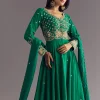 Green Russian Silk Front Slit Kurta Dupatta Set With Beaded Embroidery