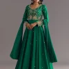 Green Russian Silk Front Slit Kurta Dupatta Set With Beaded Embroidery