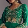 Green Russian Silk Front Slit Kurta Dupatta Set With Beaded Embroidery