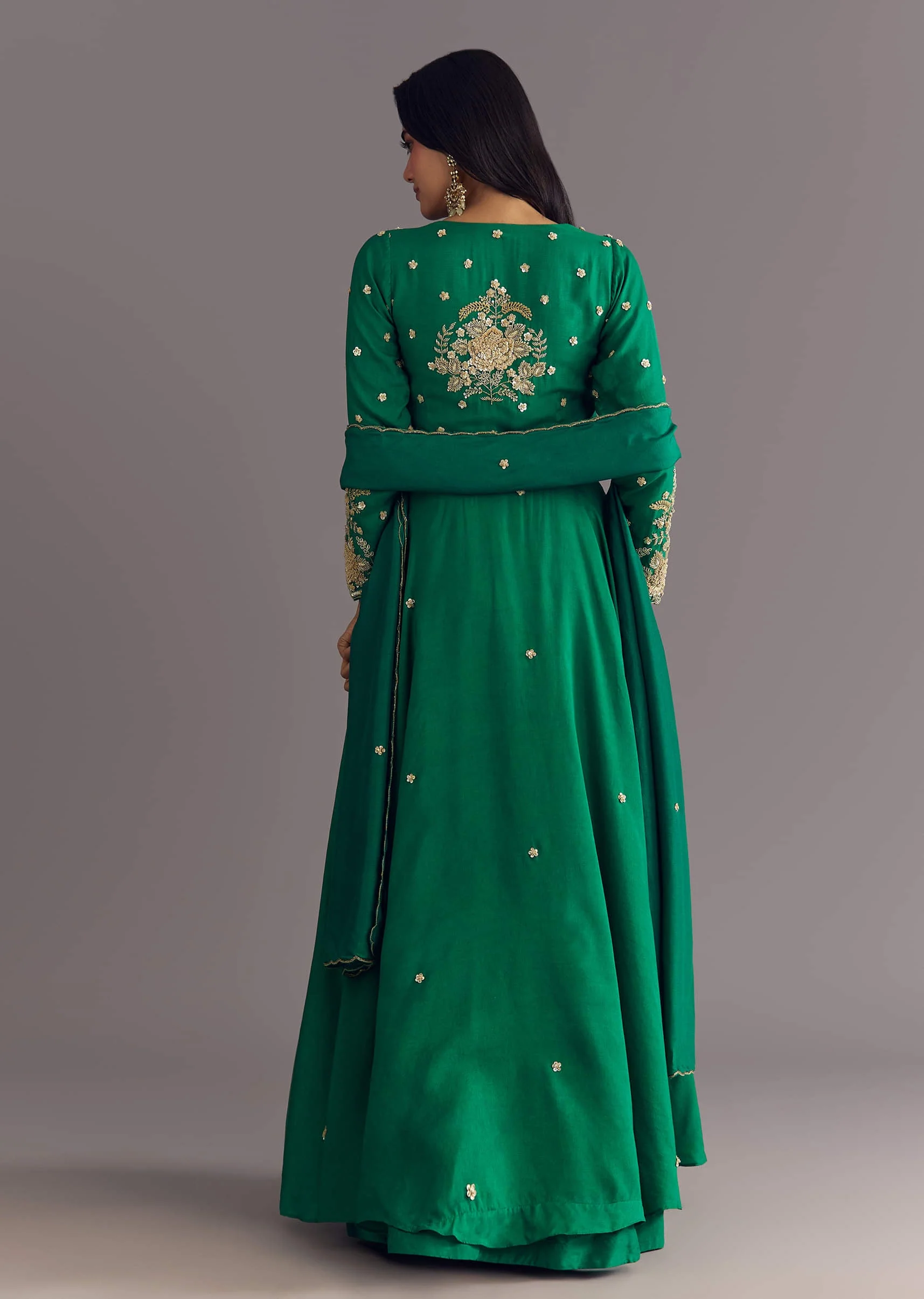 Green Russian Silk Front Slit Kurta Dupatta Set With Beaded Embroidery