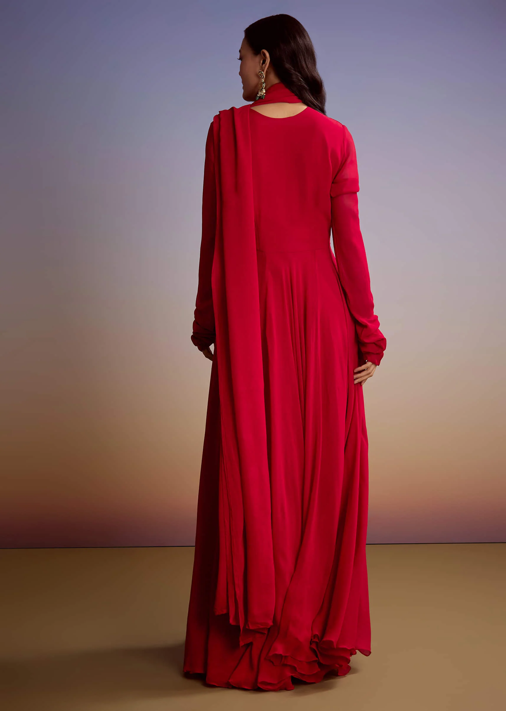 Red Georgette Anarkali Suit With Zari And Sequins Work
