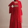 Red Ruched Anarkali Suit With Dupatta