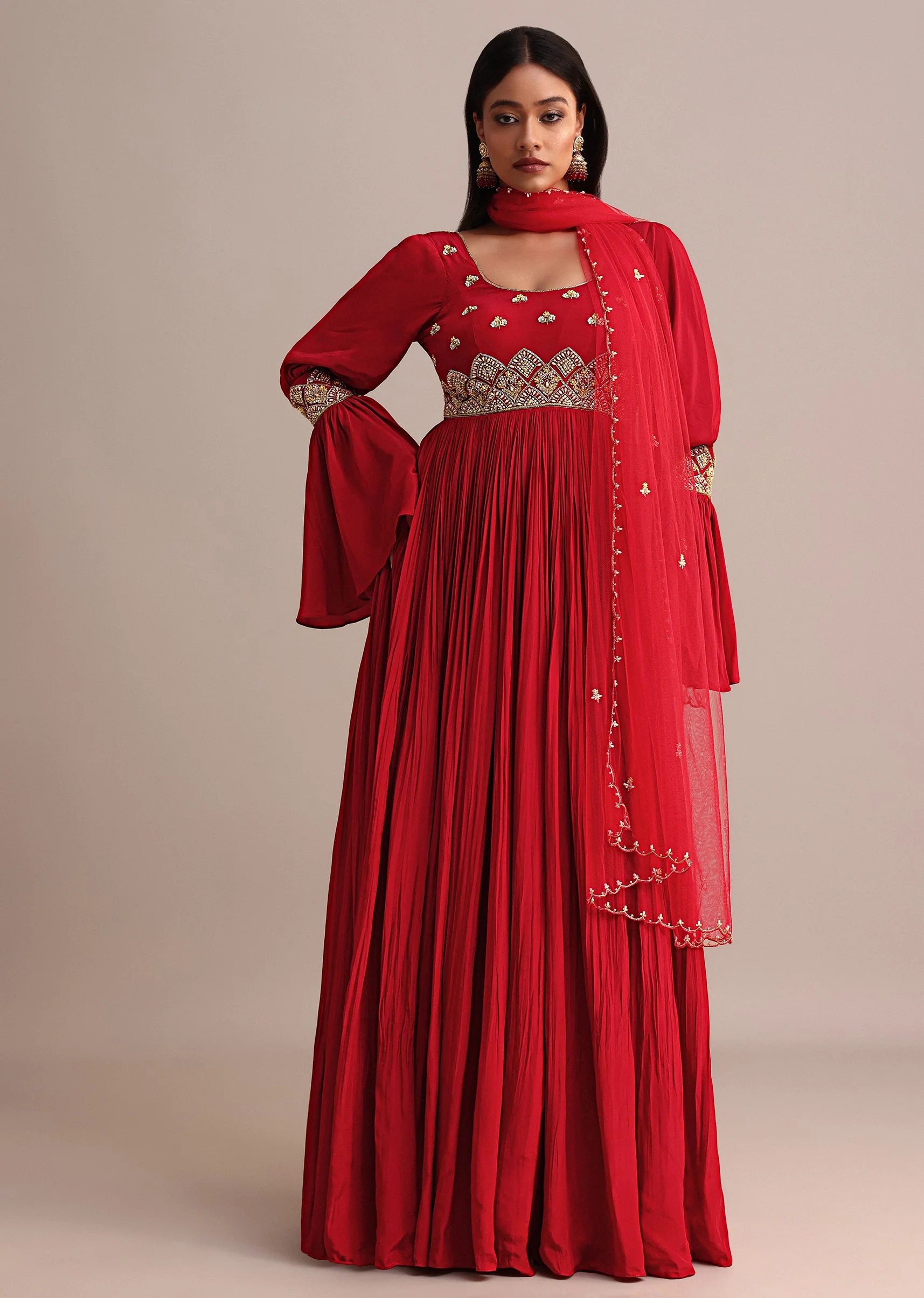 Red Ruched Anarkali Suit With Dupatta