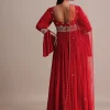 Red Ruched Anarkali Suit With Dupatta