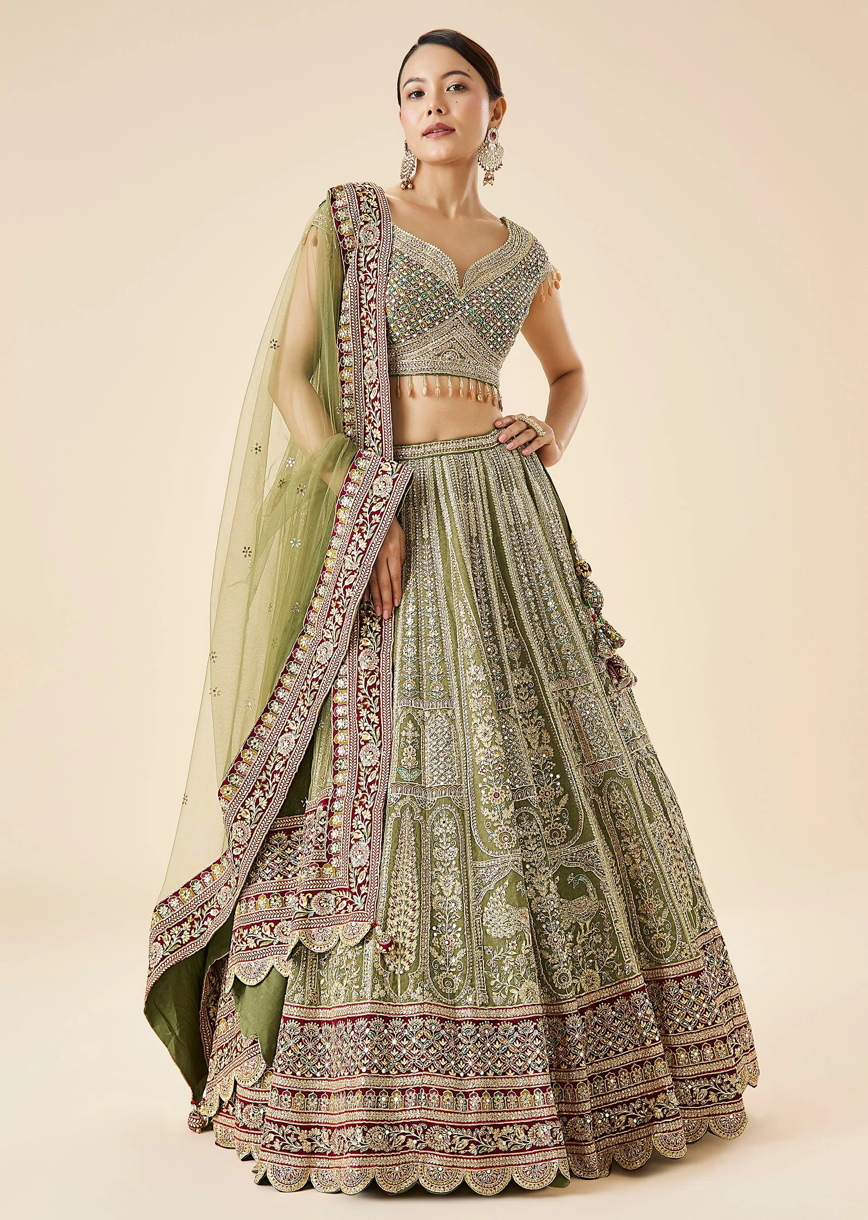 2084-olive-green-printed-and-embroidered-bridal-lehenga-set-1.webp Olive Green Printed And Embroidered Bridal Lehenga Set