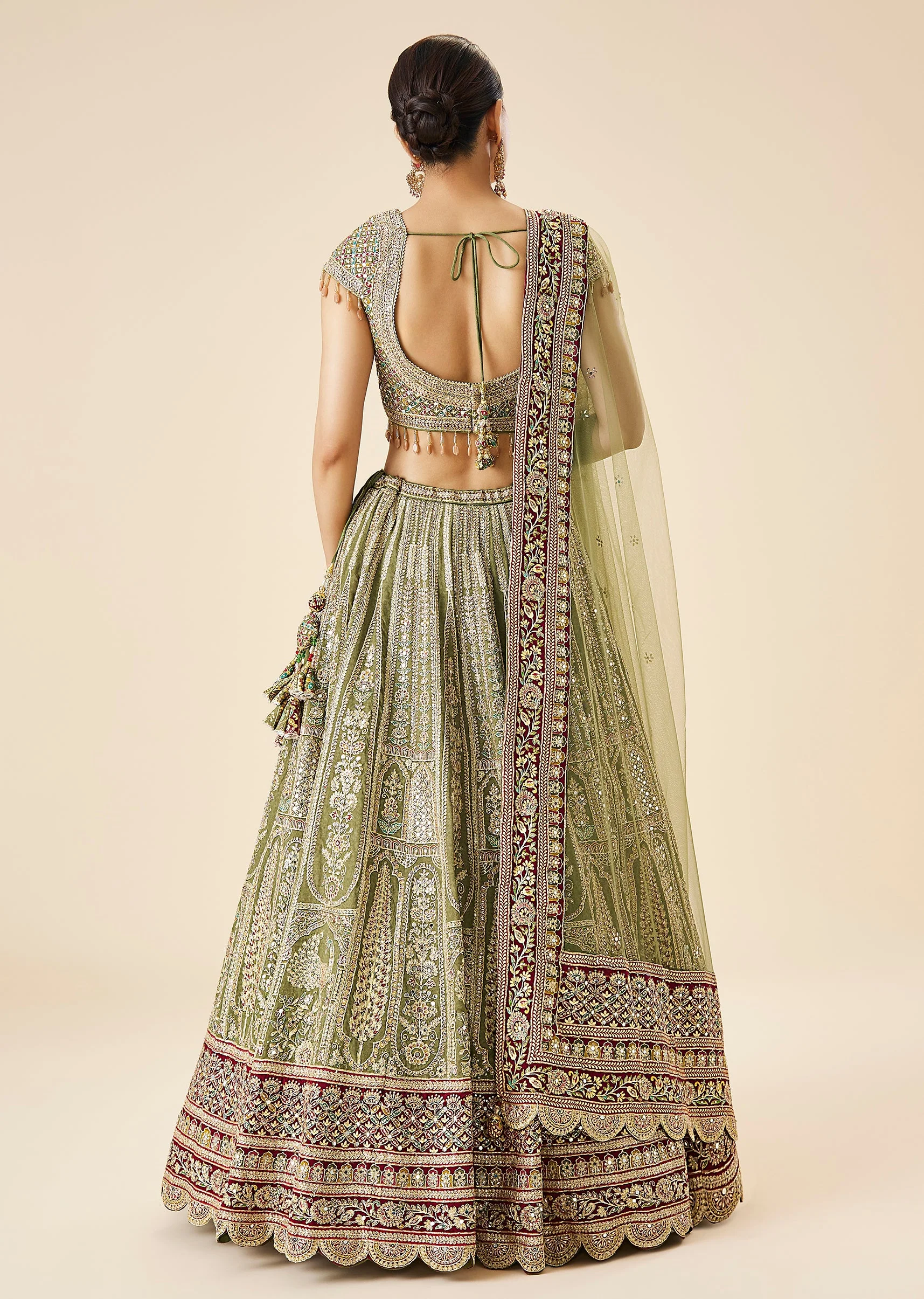 Olive Green Printed And Embroidered Bridal Lehenga Set