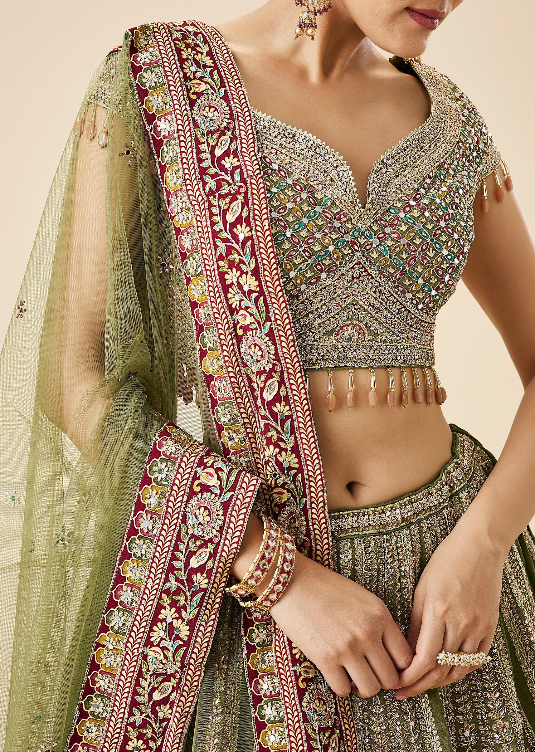 Olive Green Printed And Embroidered Bridal Lehenga Set