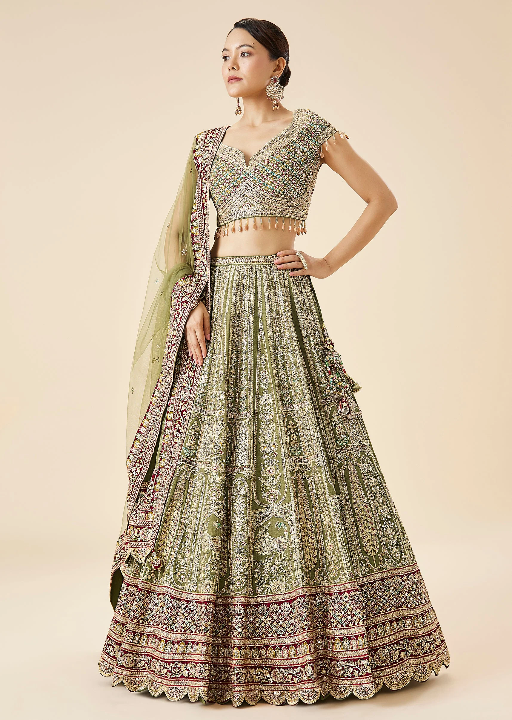 Olive Green Printed And Embroidered Bridal Lehenga Set