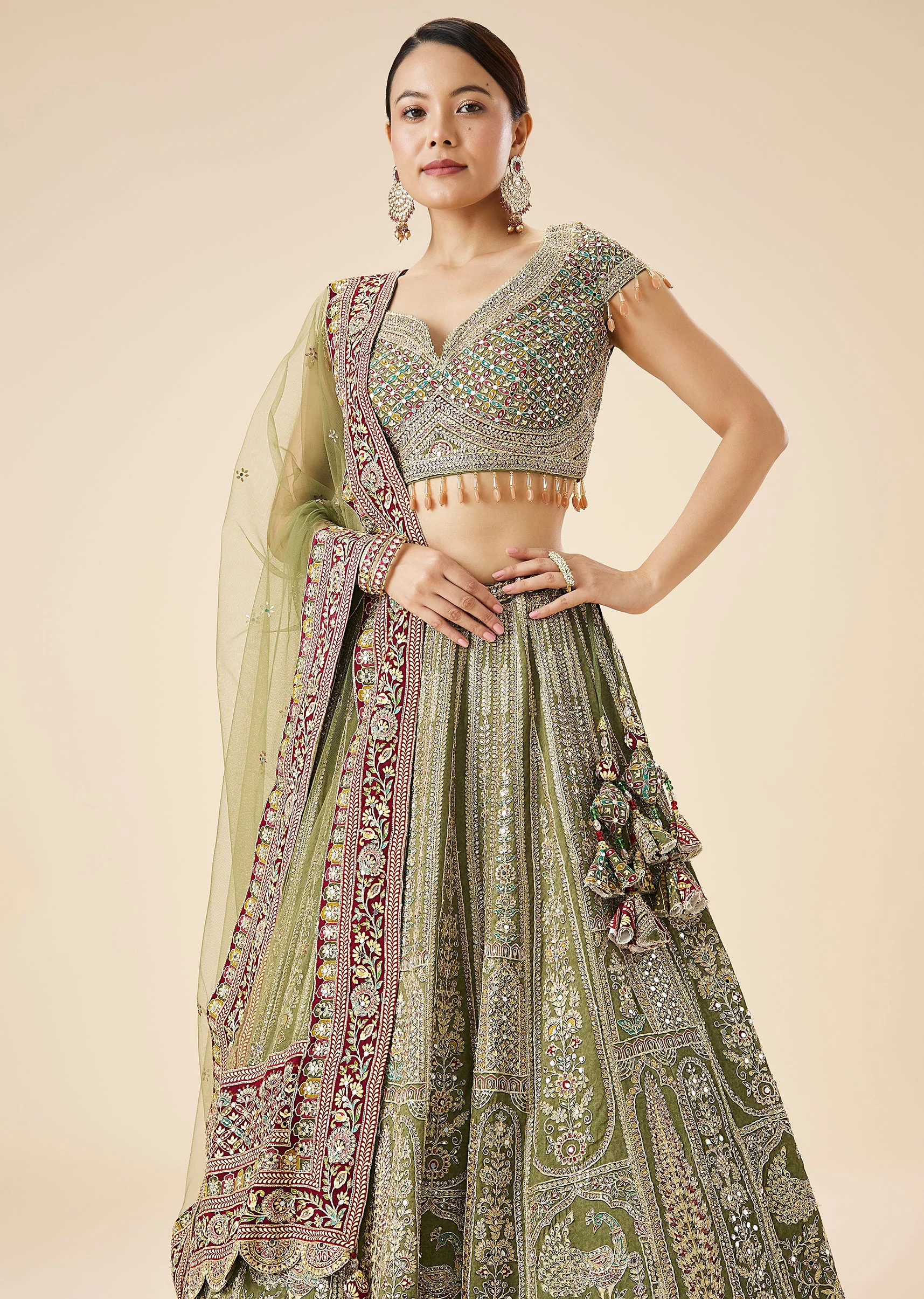 Olive Green Printed And Embroidered Bridal Lehenga Set
