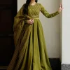 Mehendi Green Tussar Anarkali Suit With Cutdana Embroidery