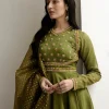 Mehendi Green Tussar Anarkali Suit With Cutdana Embroidery
