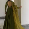 Mehendi Green Tussar Anarkali Suit With Cutdana Embroidery