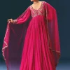 Pink Raw Silk Thread Embroidered Anarkali With Balloon Sleeves And Embroidered Dupatta