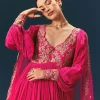 Pink Raw Silk Thread Embroidered Anarkali With Balloon Sleeves And Embroidered Dupatta