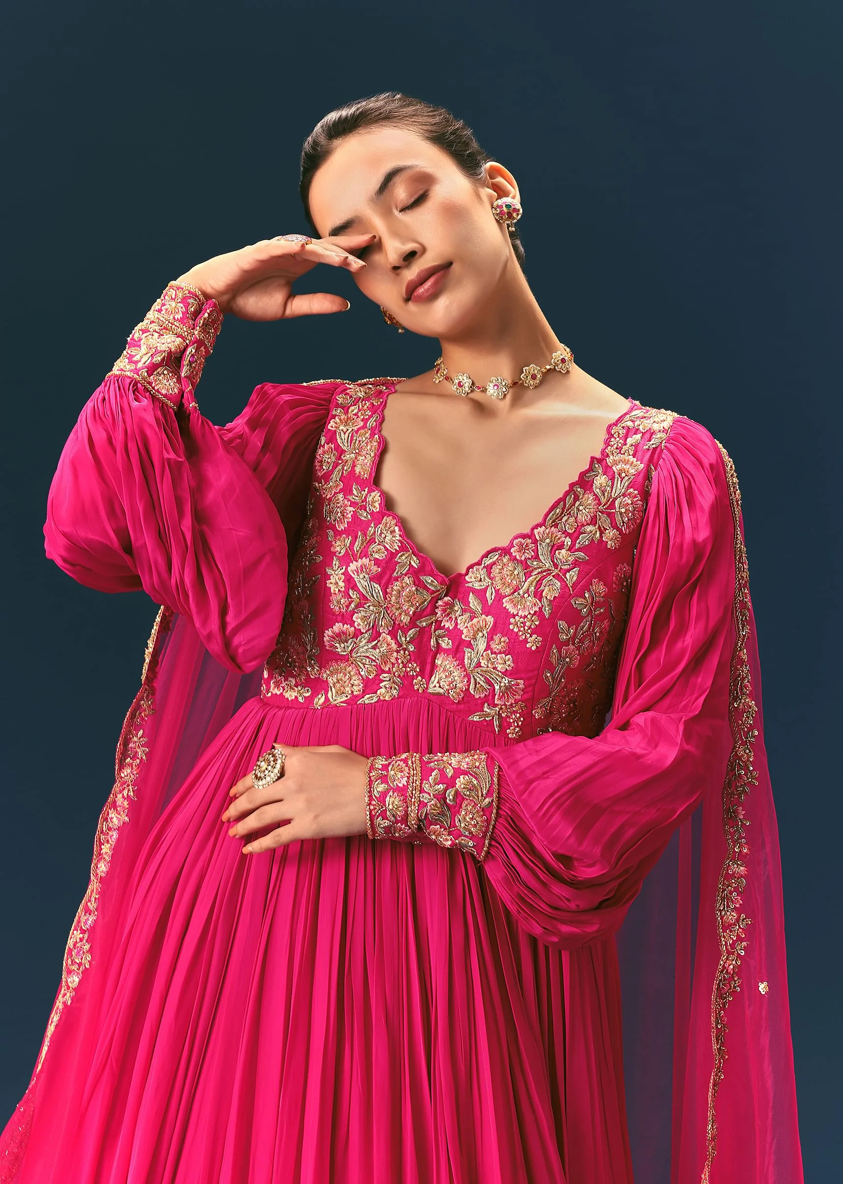 Pink Raw Silk Thread Embroidered Anarkali With Balloon Sleeves And Embroidered Dupatta