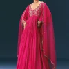 Pink Raw Silk Thread Embroidered Anarkali With Balloon Sleeves And Embroidered Dupatta