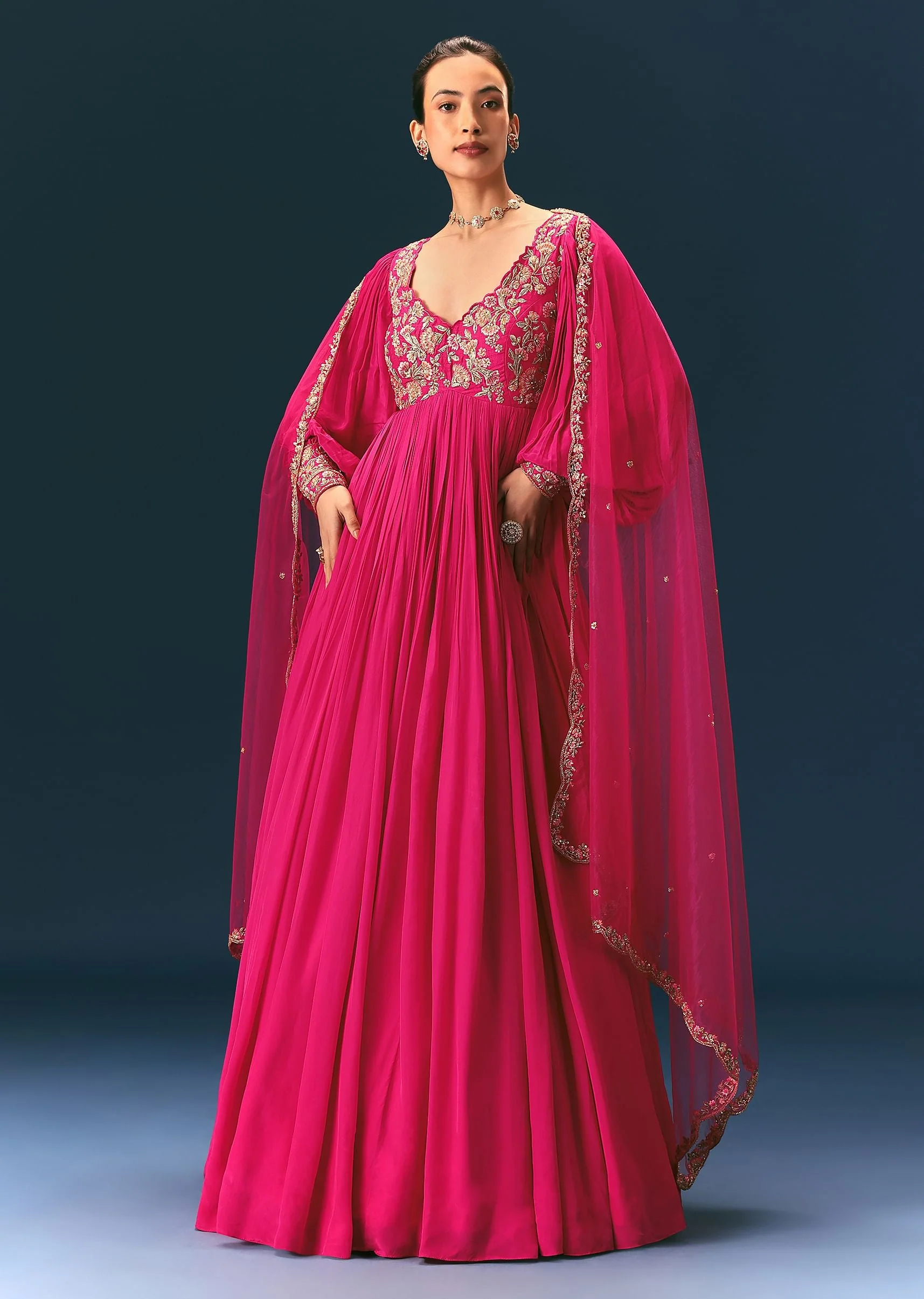 Pink Raw Silk Thread Embroidered Anarkali With Balloon Sleeves And Embroidered Dupatta