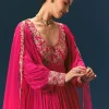 Pink Raw Silk Thread Embroidered Anarkali With Balloon Sleeves And Embroidered Dupatta