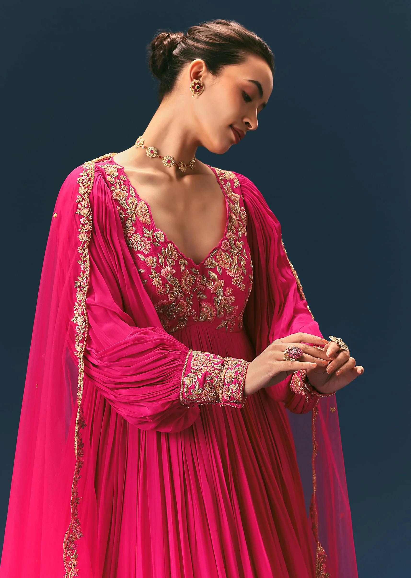 Pink Raw Silk Thread Embroidered Anarkali With Balloon Sleeves And Embroidered Dupatta