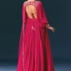 Pink Raw Silk Thread Embroidered Anarkali With Balloon Sleeves And Embroidered Dupatta