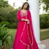 Pink Raw Silk Thread Embroidered Anarkali With Balloon Sleeves And Embroidered Dupatta