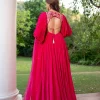 Pink Raw Silk Thread Embroidered Anarkali With Balloon Sleeves And Embroidered Dupatta