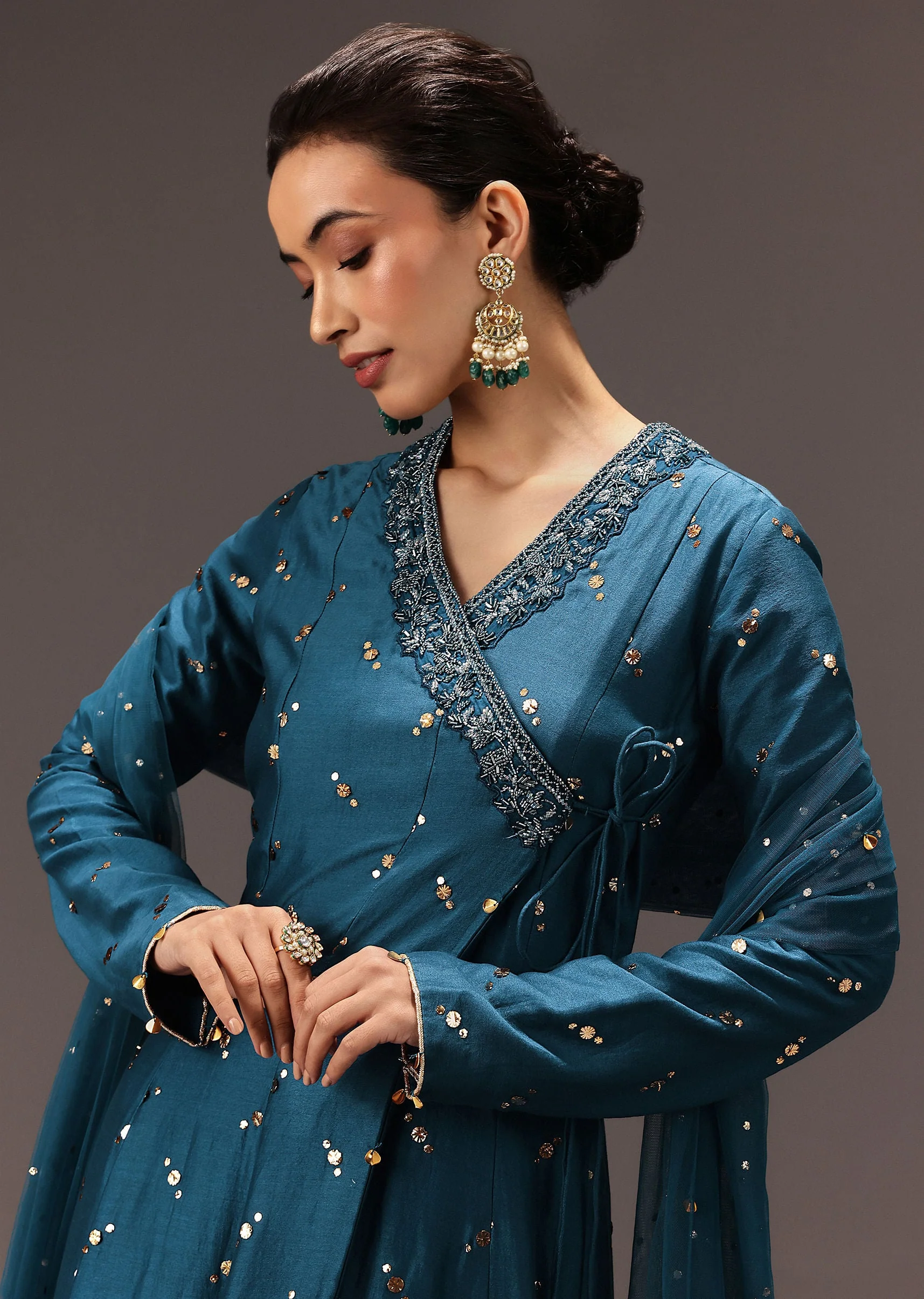 Teal Blue Chanderi Silk Hand Work Angarkha Set