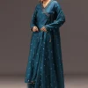 Teal Blue Chanderi Silk Hand Work Angarkha Set