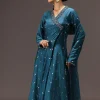 Teal Blue Chanderi Silk Hand Work Angarkha Set