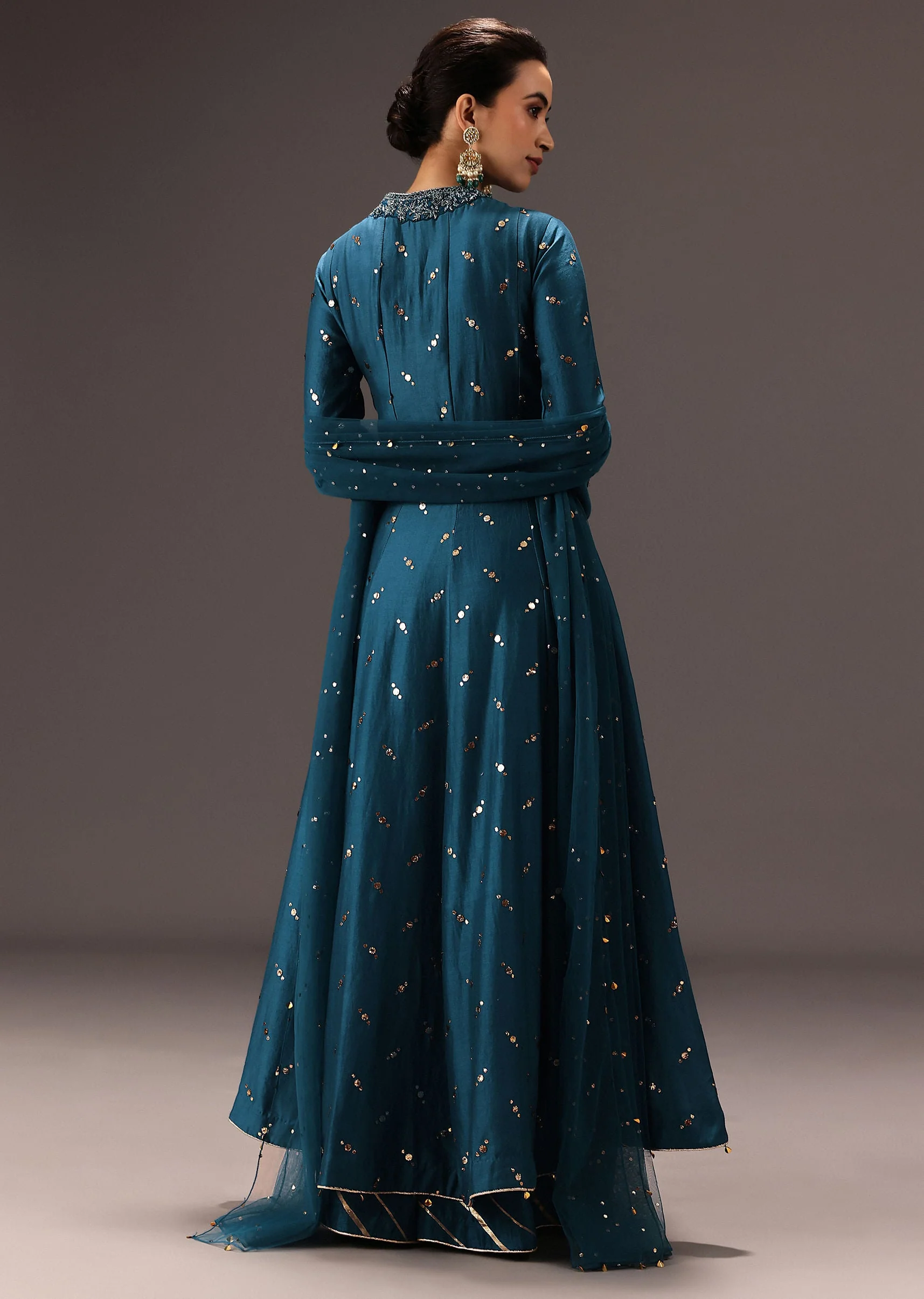 Teal Blue Chanderi Silk Hand Work Angarkha Set