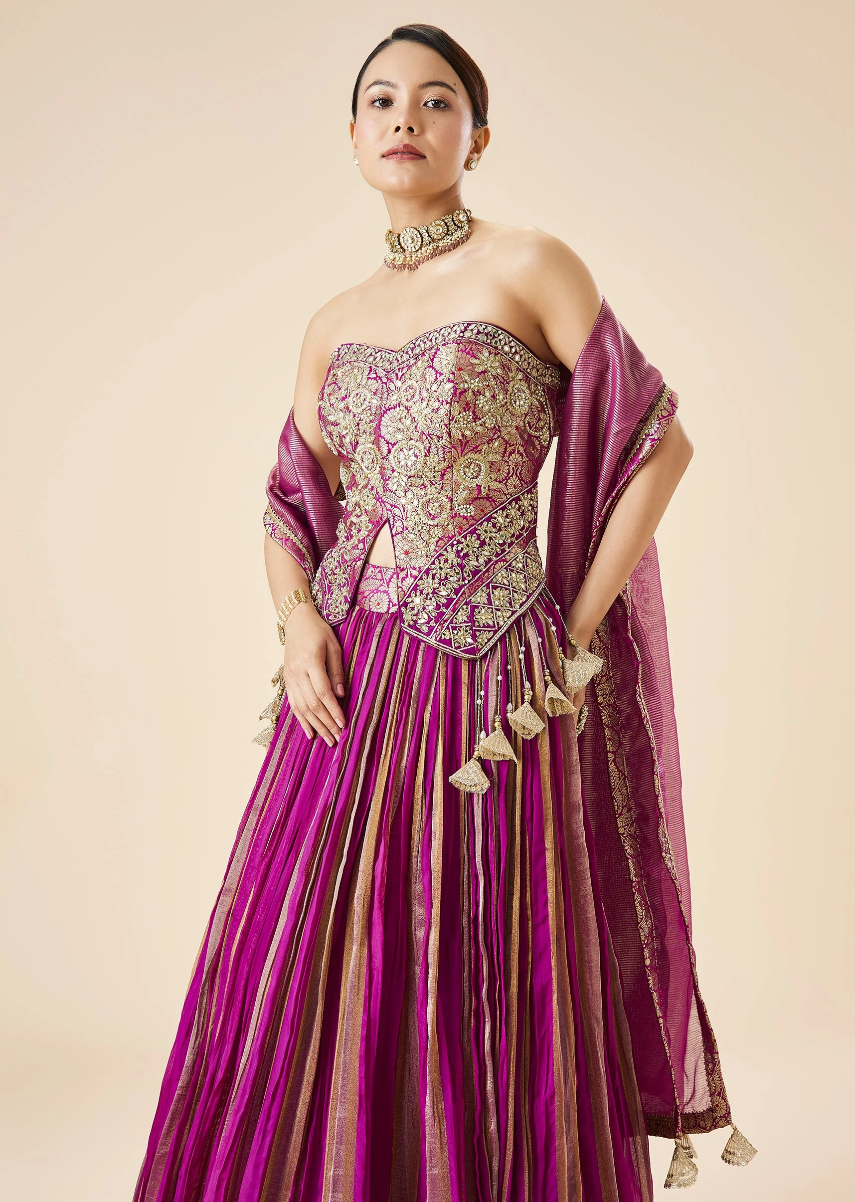 Purple Embroidered Fusion Lehenga Set