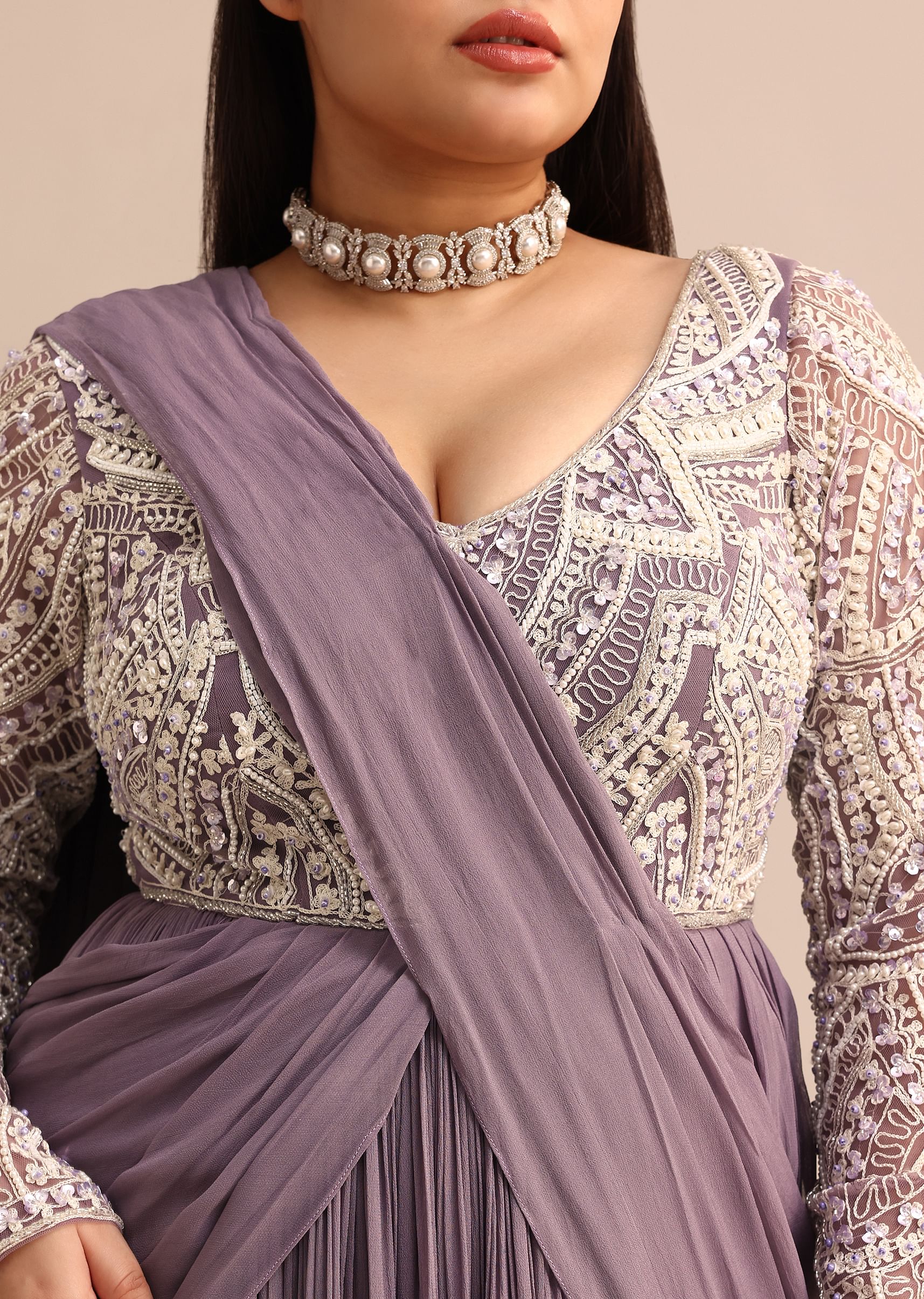 Blue Lilac Pre Drape Suit With Pearl Work