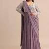 Blue Lilac Pre Drape Suit With Pearl Work