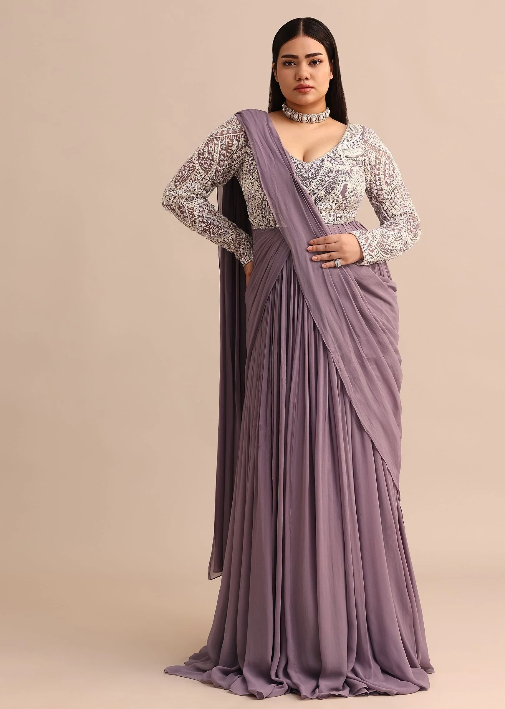 Blue Lilac Pre Drape Suit With Pearl Work
