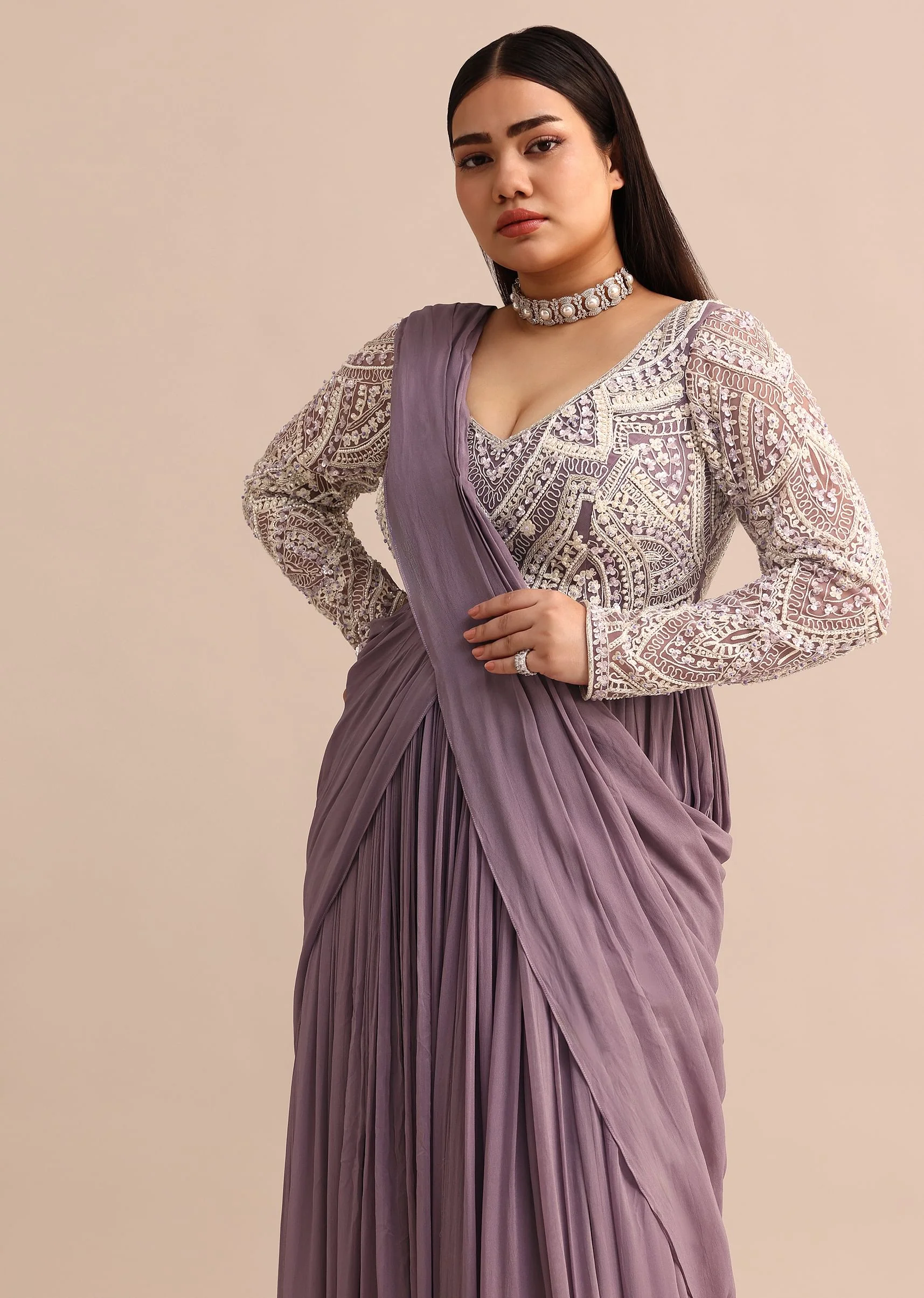 Blue Lilac Pre Drape Suit With Pearl Work