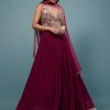 Wine Red Embroidered Anarkali Suit In Viscose Georgette