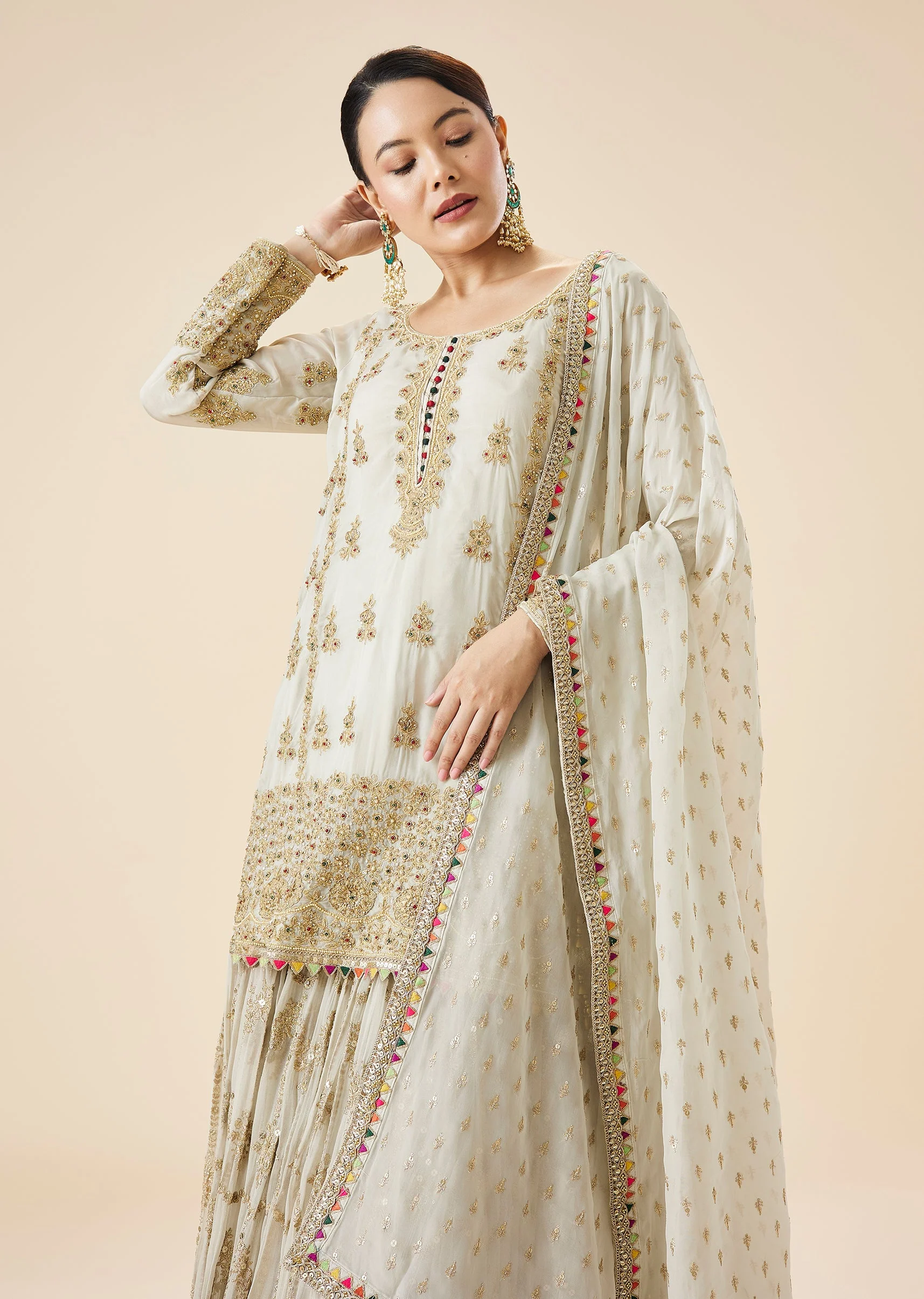 Mint Blue Embroidered Kurta Lehenga Set