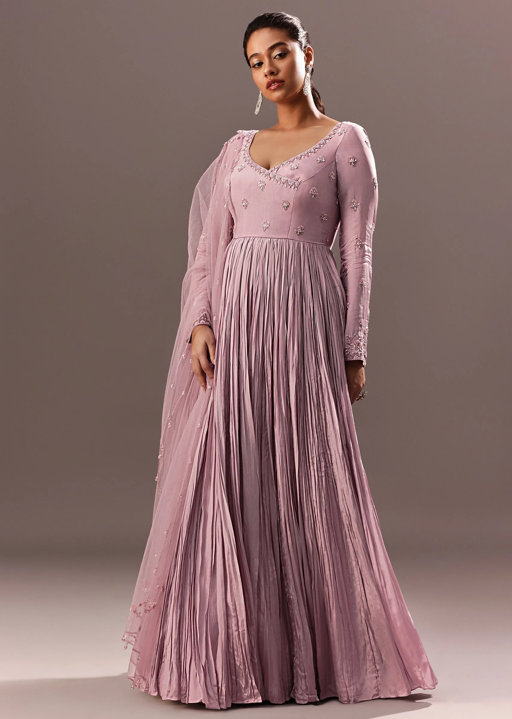Lavender Embroidered Anarkali Suit With Organza Dupatta